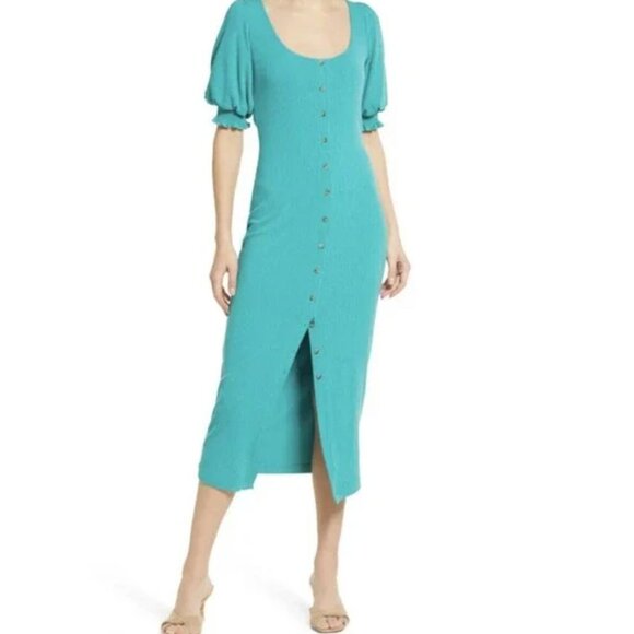 SAYLOR Dresses & Skirts - SAYLOR malavika ribbed button front midi dress in teal size L
